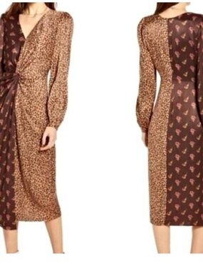 Something Navy Brown Leopard & Floral Mixed-Print Long Sleeve Wrap Dress